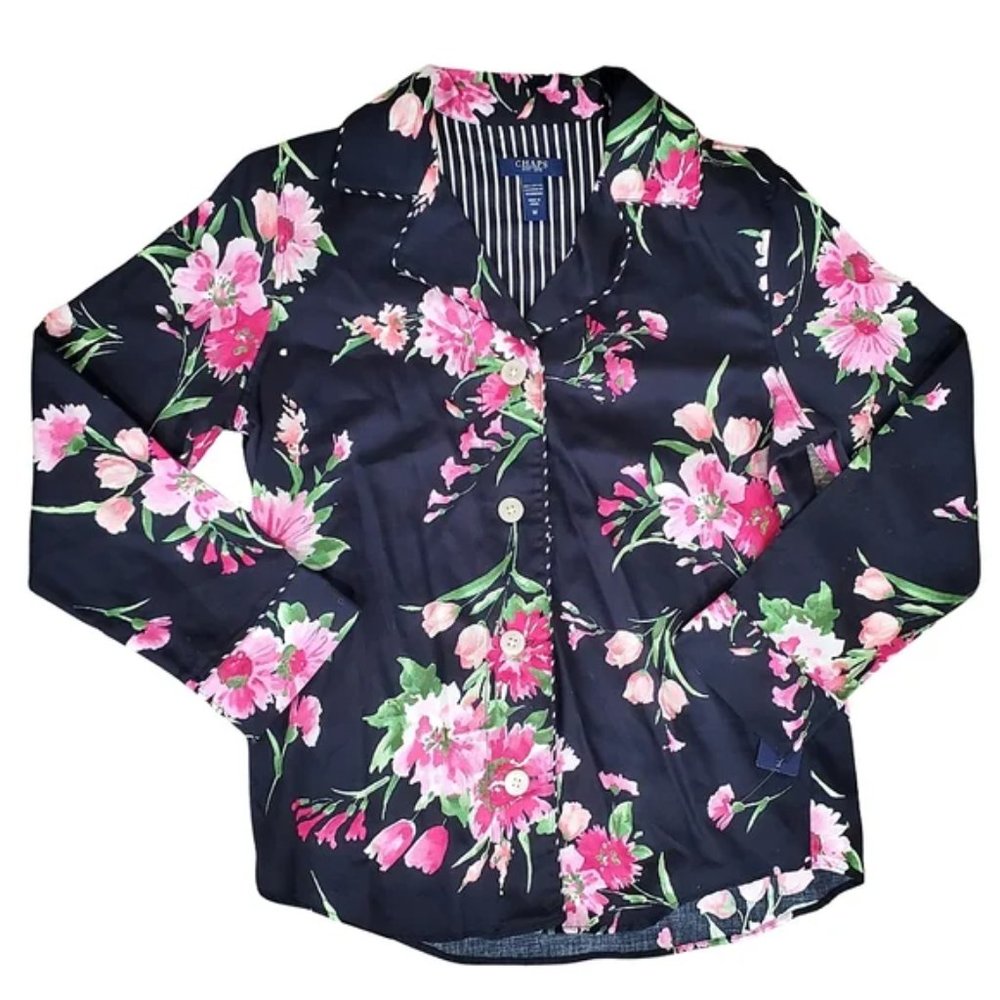 Chaps Ralph Lauren black pink floral  print cotton 2 piece pajama set L